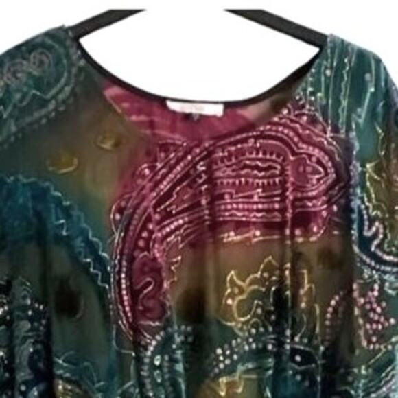 Cache Luxe Top Womens Size S Boho Cape Sleeve Multicolor Sheer LIned Sequin - Picture 3 of 10